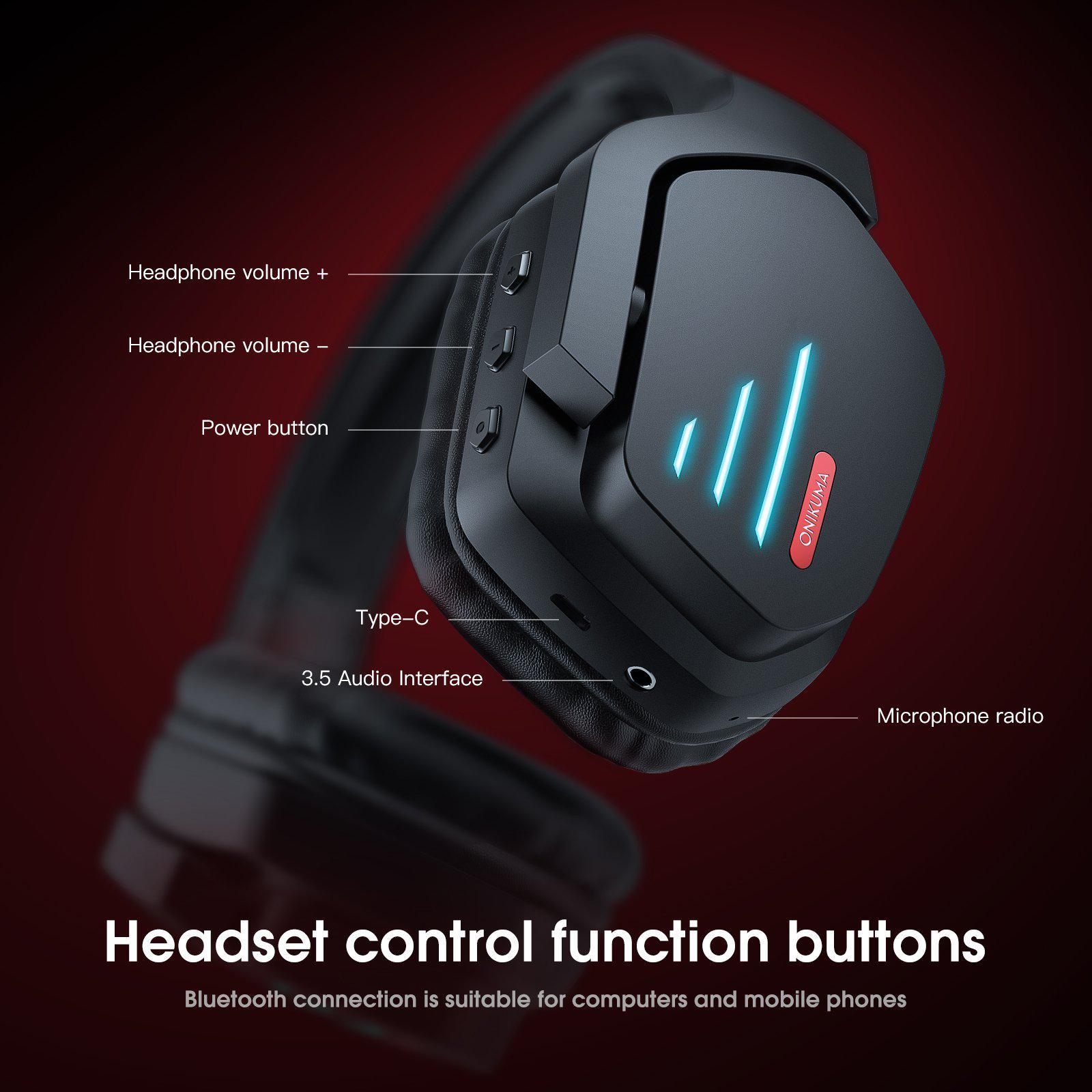 Headset control function buttons | ONIKUMA B60 Wireless Bluetooth Gaming Headset