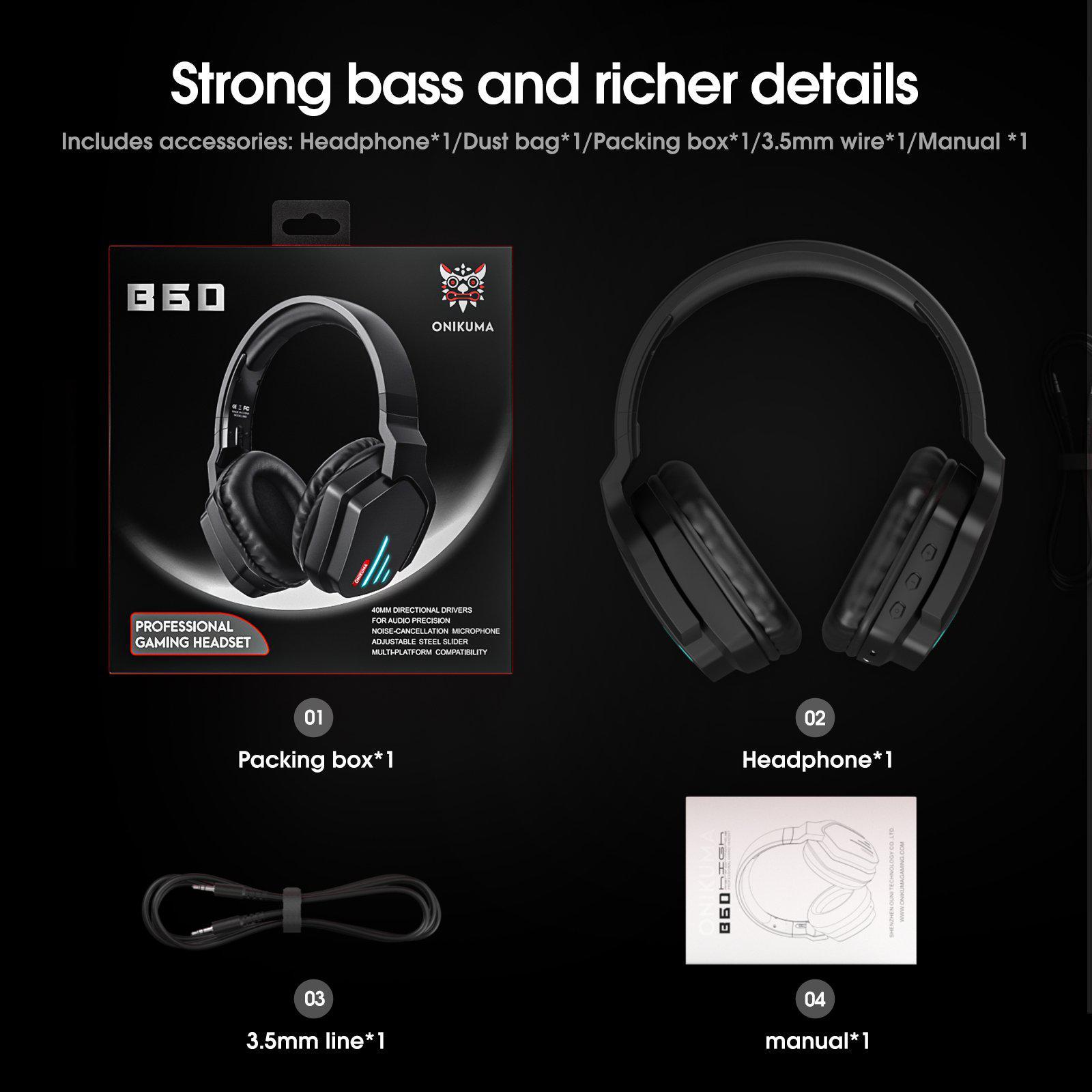 Includes accessories | ONIKUMA B60 Wireless Bluetooth Gaming Headset