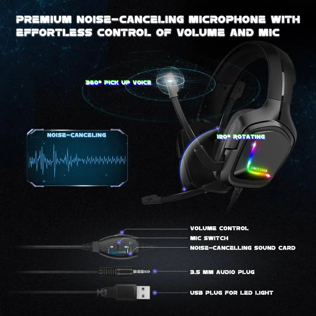 ONIKUMA K20 casque filaire avec Microphone RGB lumière jeux