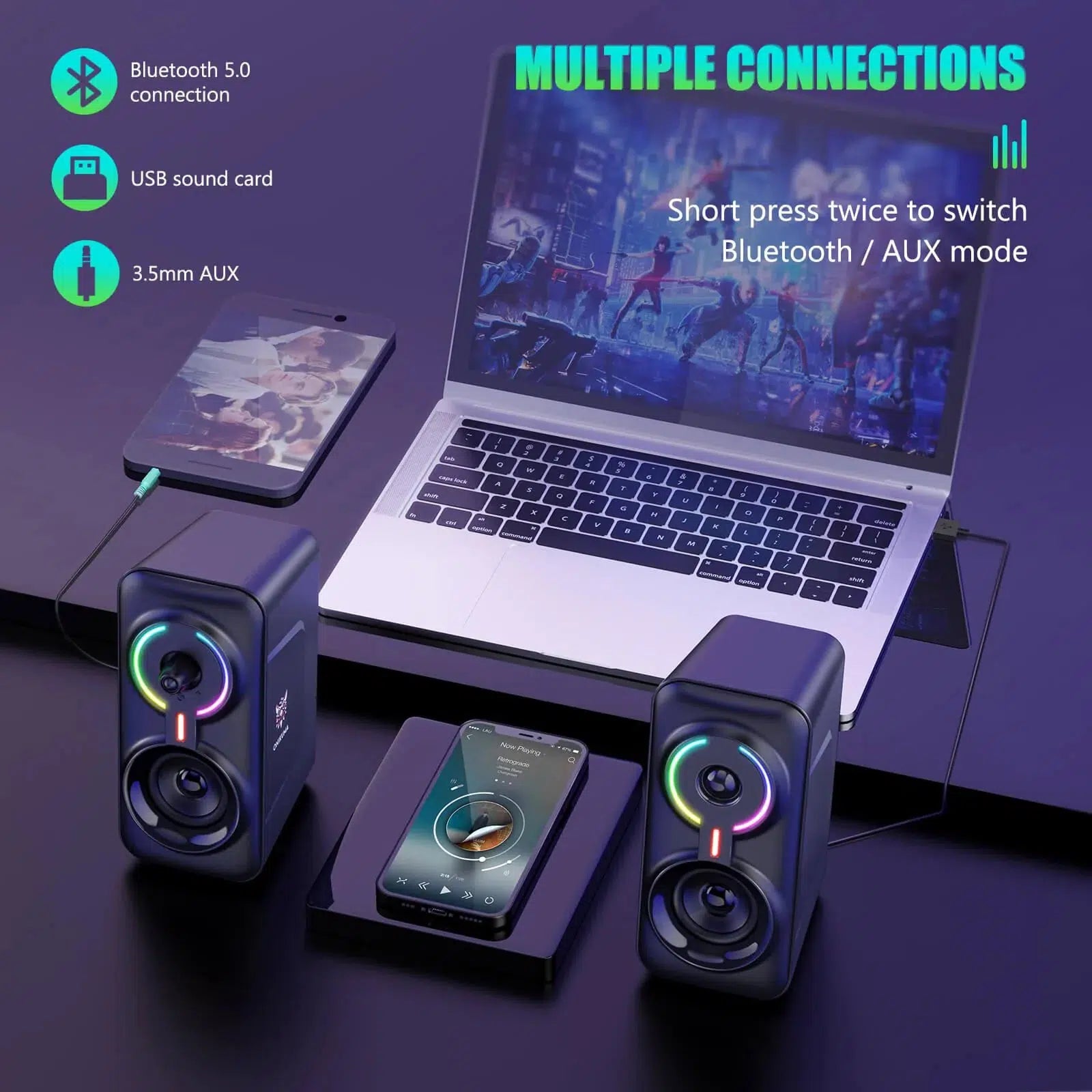 multiple connections | ONIKUMA L6 Multimedia Gaming Speaker with BT5.0 and AUX Mode