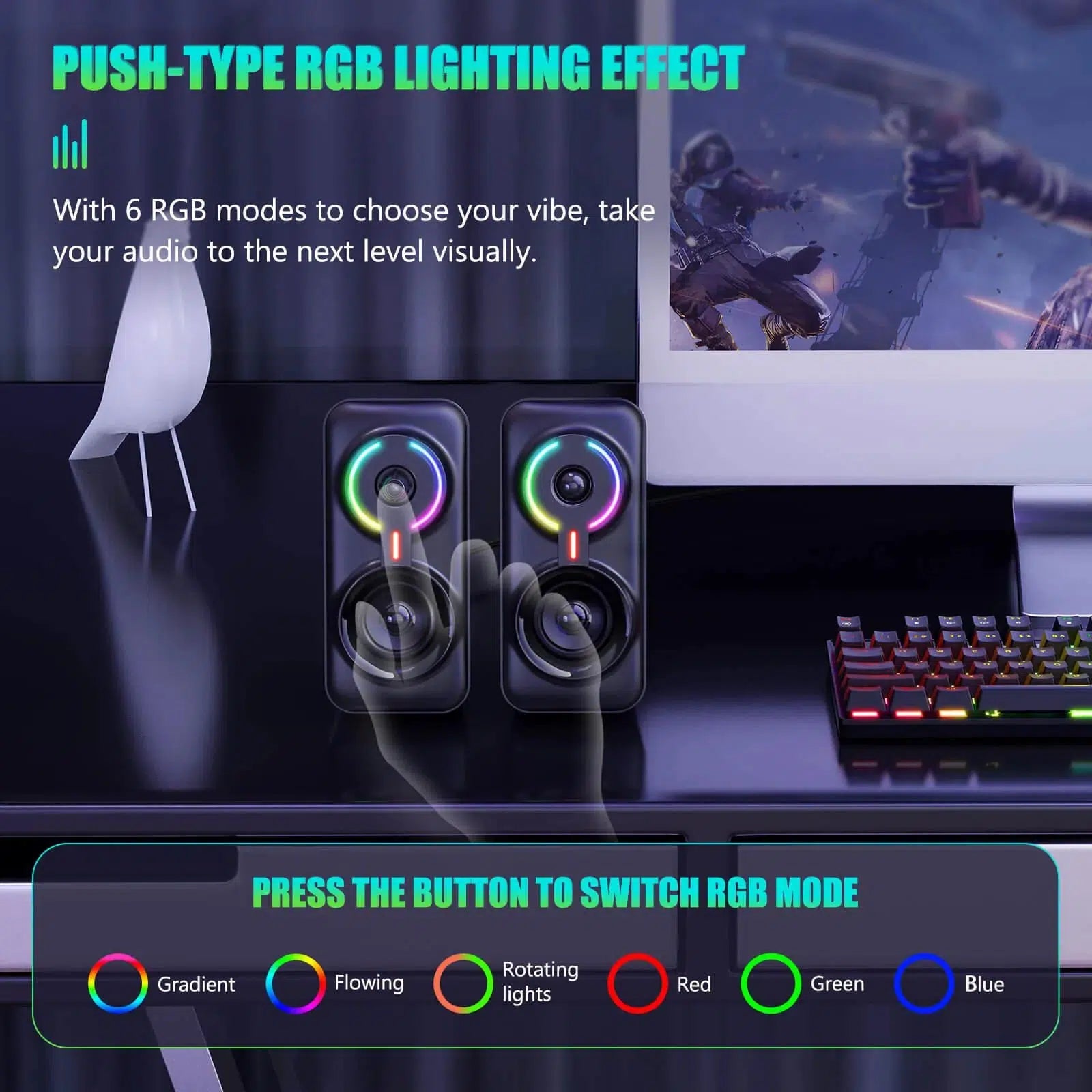 PUSH-TYPE RGB LIGHTING EFFECT | ONIKUMA L6 Multimedia Gaming Speaker with BT5.0 and AUX Mode
